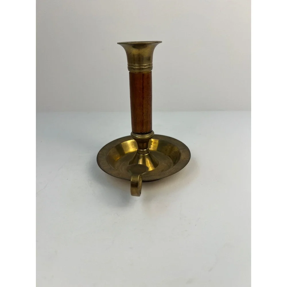 Vintage Brass Wood Candlestick Holders Finger Ring 4.25